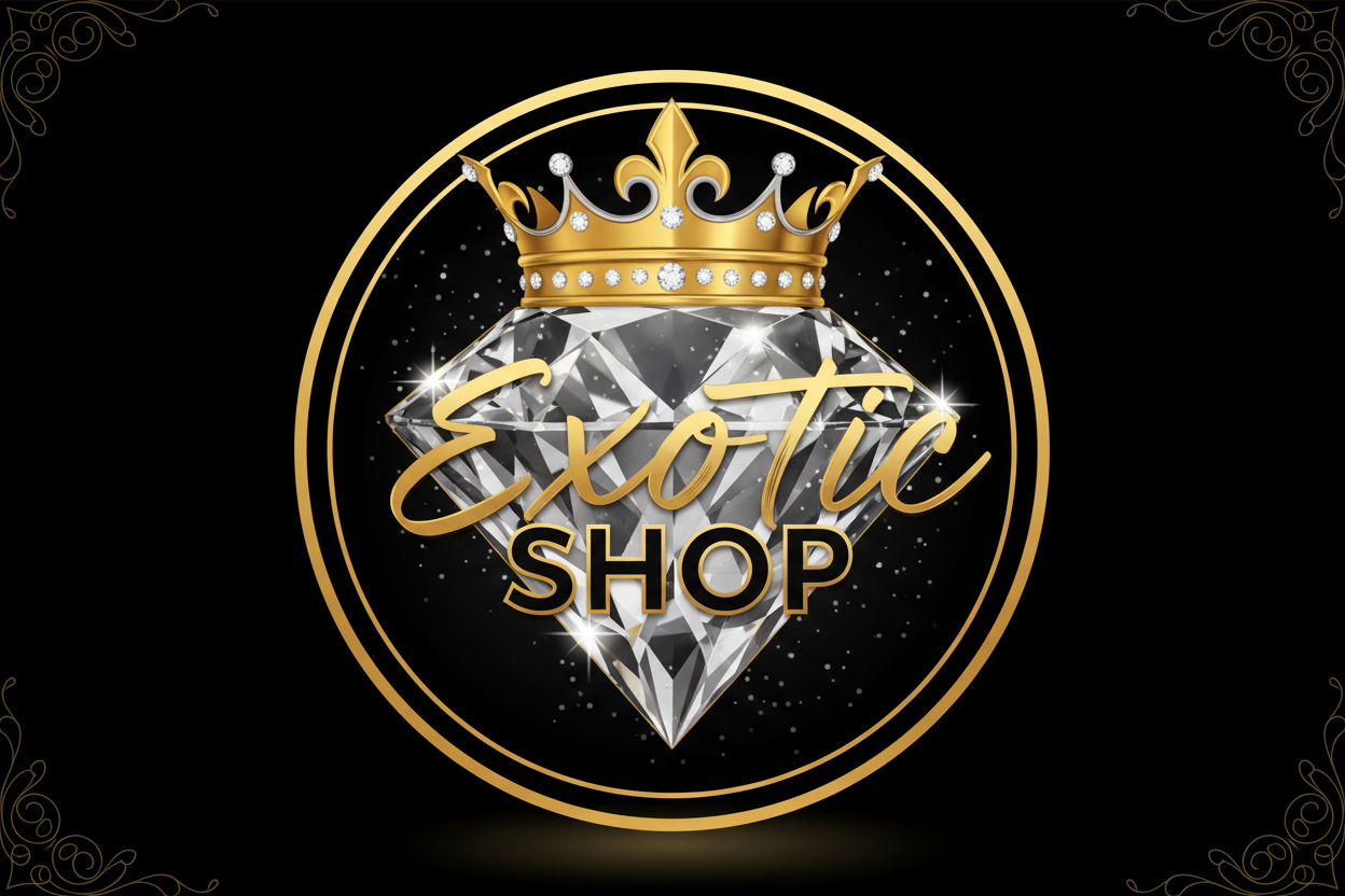 logo con nombre de exotic shop y diamante de fondo con una corona arriba